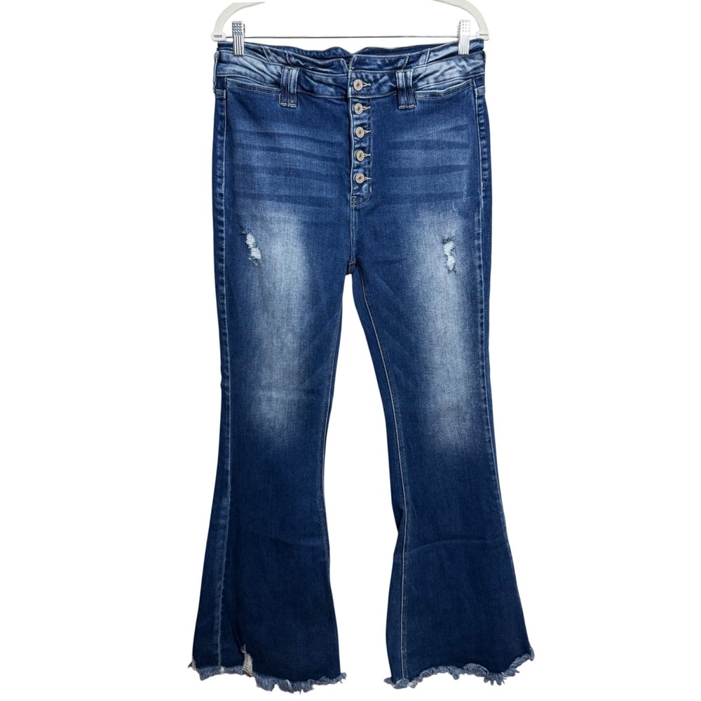KanCan Maurices Womens High Rise Flare Jeans Distressed Raw Hem Size 30